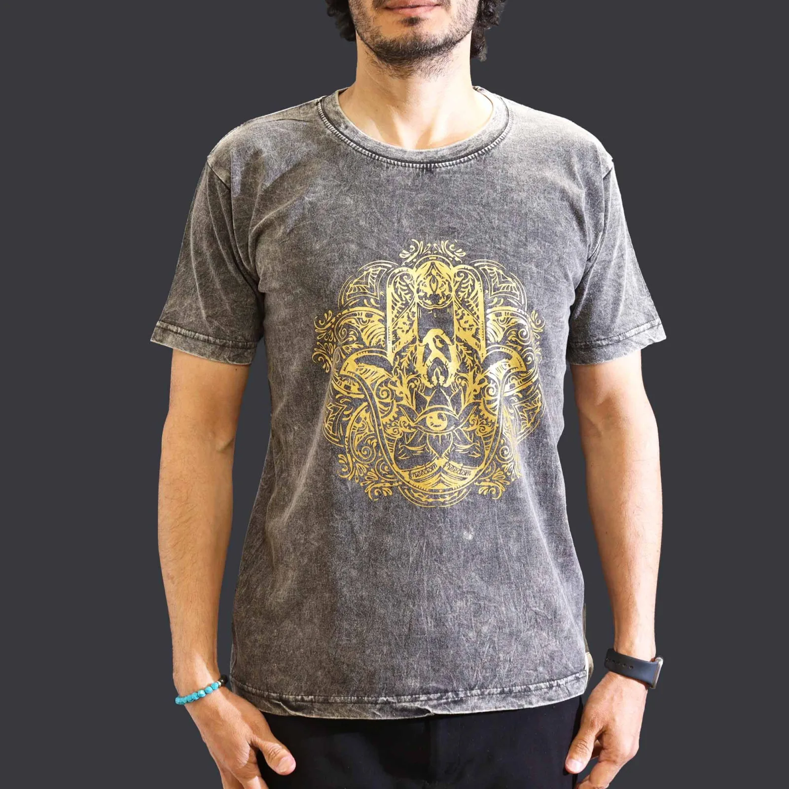Střední Stone Washed Tričko - Hamsa - Tmavě Šedé