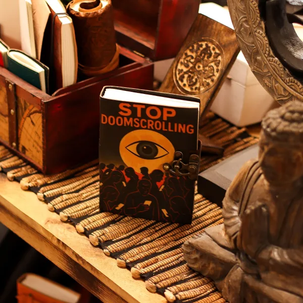 Kožený Zápisník s Potiskem (7x5") - Stop Doom Scrolling- 200 Čistých Stran