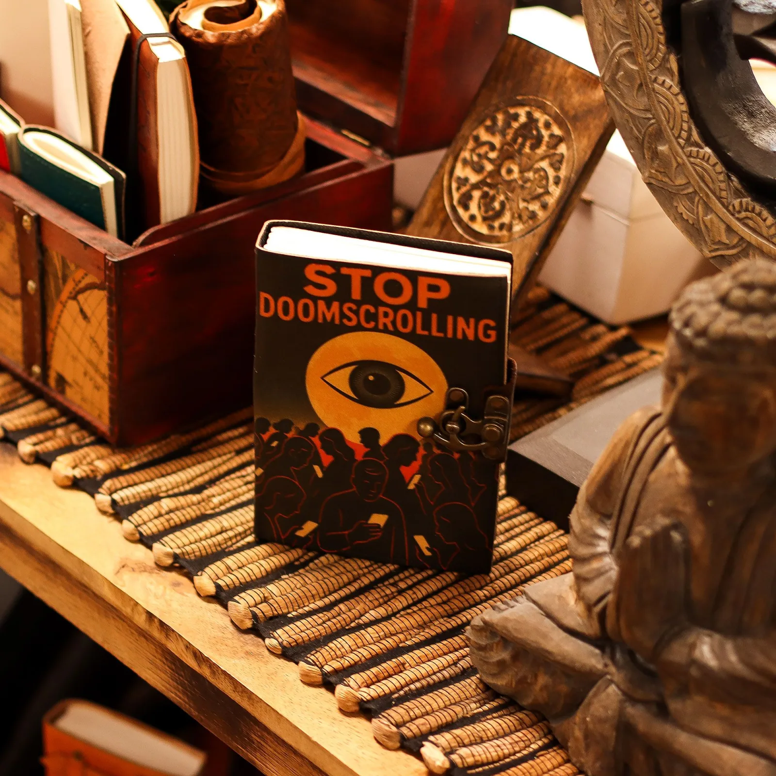 Kožený Zápisník s Potiskem (7x5") - Stop Doom Scrolling- 200 Čistých Stran