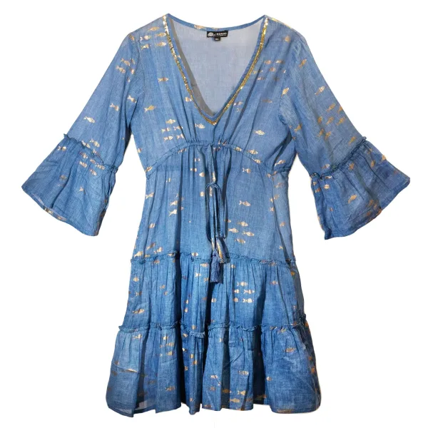 Nomád Sari Kolekce - Šaty - Mořská Modrá & Zlatá - Design Ryby
