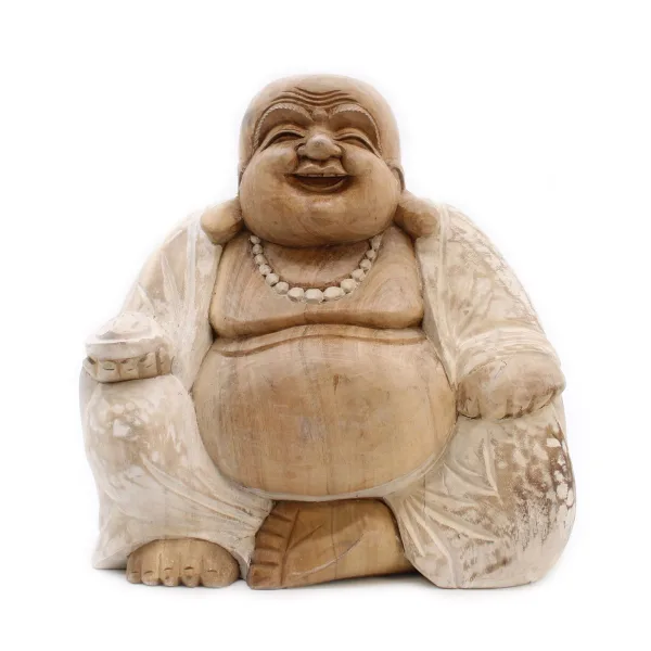 Ručně Vyřezávaná Socha Buddhy - Bílá Vymývaná - 30cm