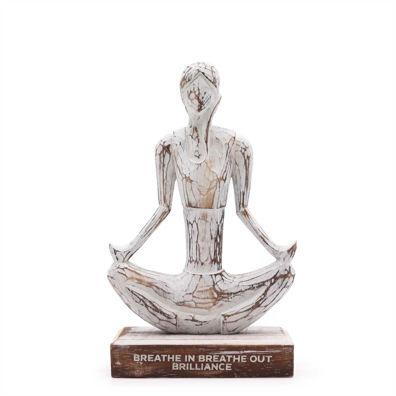 Dřevěná Yoga Lady Figurka - Bílá Vymývaná -Lehká Pozice - "Breathe in Breathe out Brilliance"