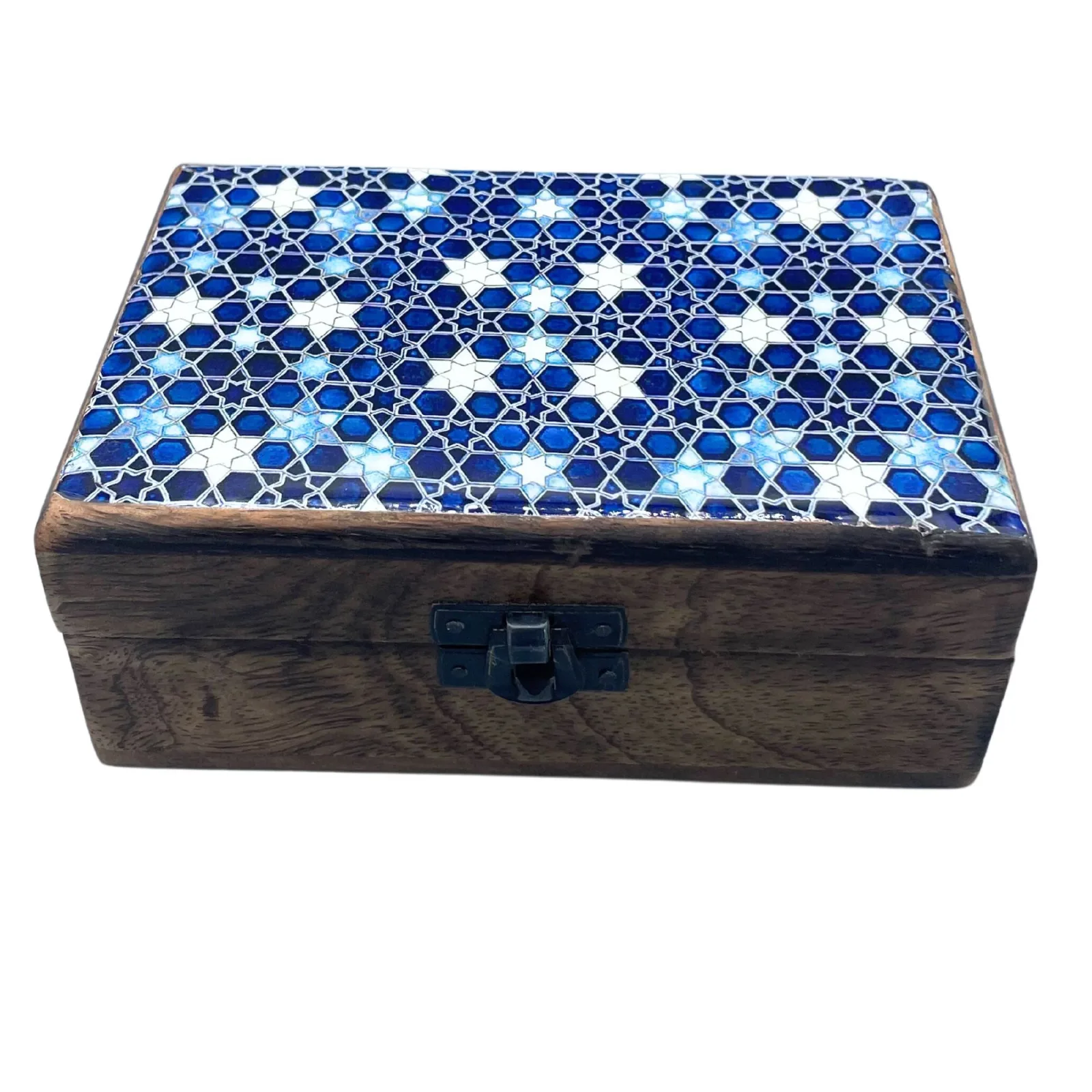 Střední Dřevěná Krabička s Keramickou Glazurou - 15x10x6cm - Modré Hvězdy