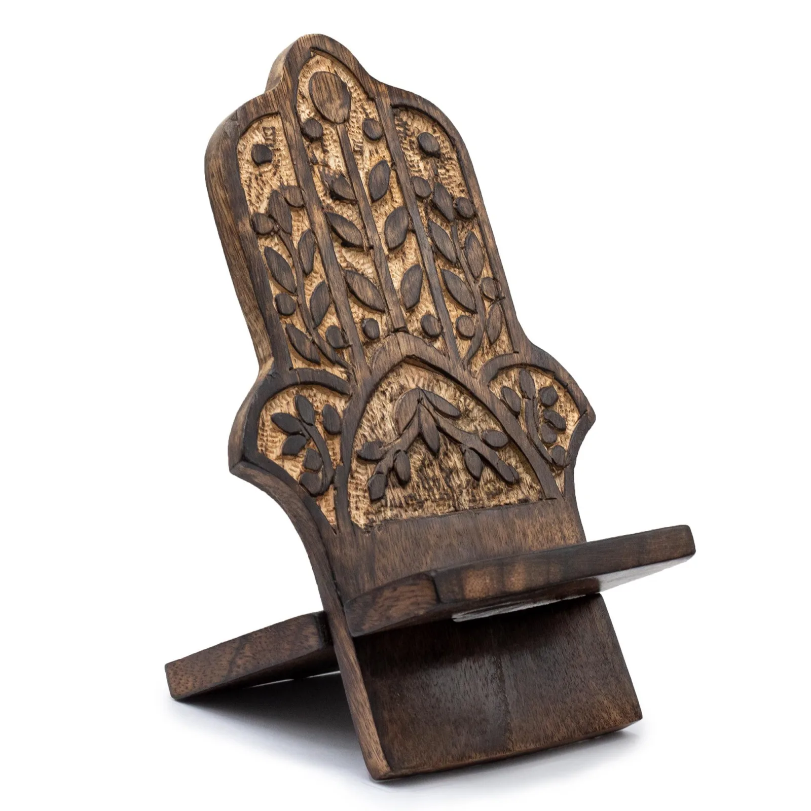 Dřevěný Vyřezávaný Stojan na Telefon - Hamsa 20x9.5cm