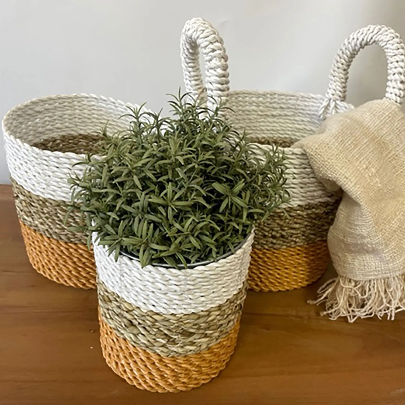 Set Košíků z Mořské Trávy - Oranžová / Přírodní / Bílá