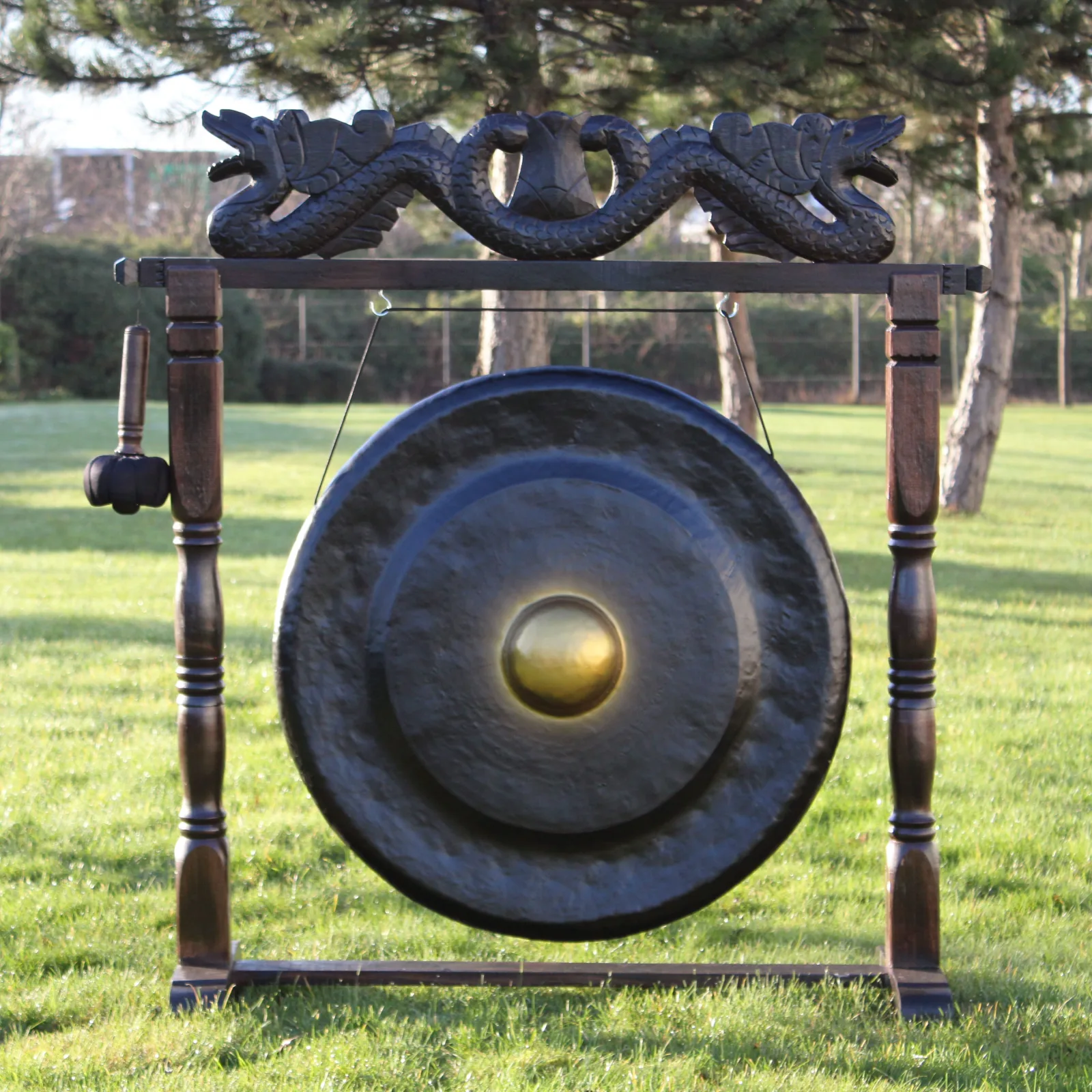 Velký Gong s Hnědým Antickým Stojanem - 80cm - Černý