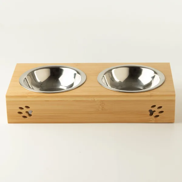 PAW Krmicí misky - dvě nerezové misky v dřevěném stojanu - 2×12 cm