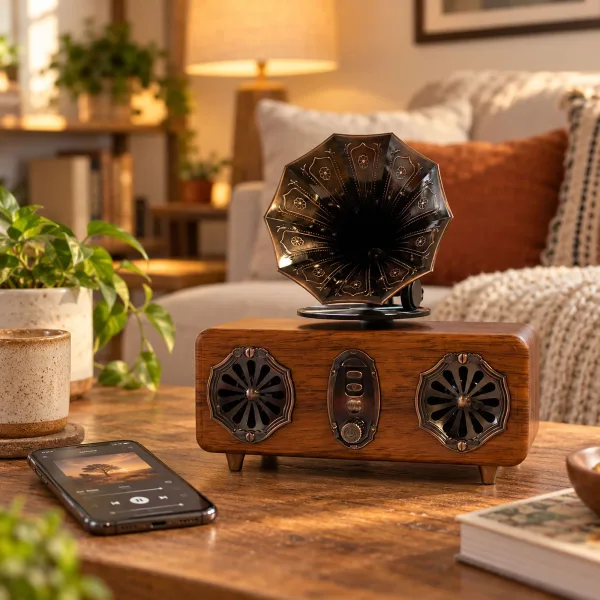 Mini Dvojitý Reproduktor - Retro Gramofón - Bluetooth & FM Rádio